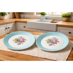 Cunningham & Pickett 2 Dinner Plates Blue White & Floral Danube Pattern 10 In